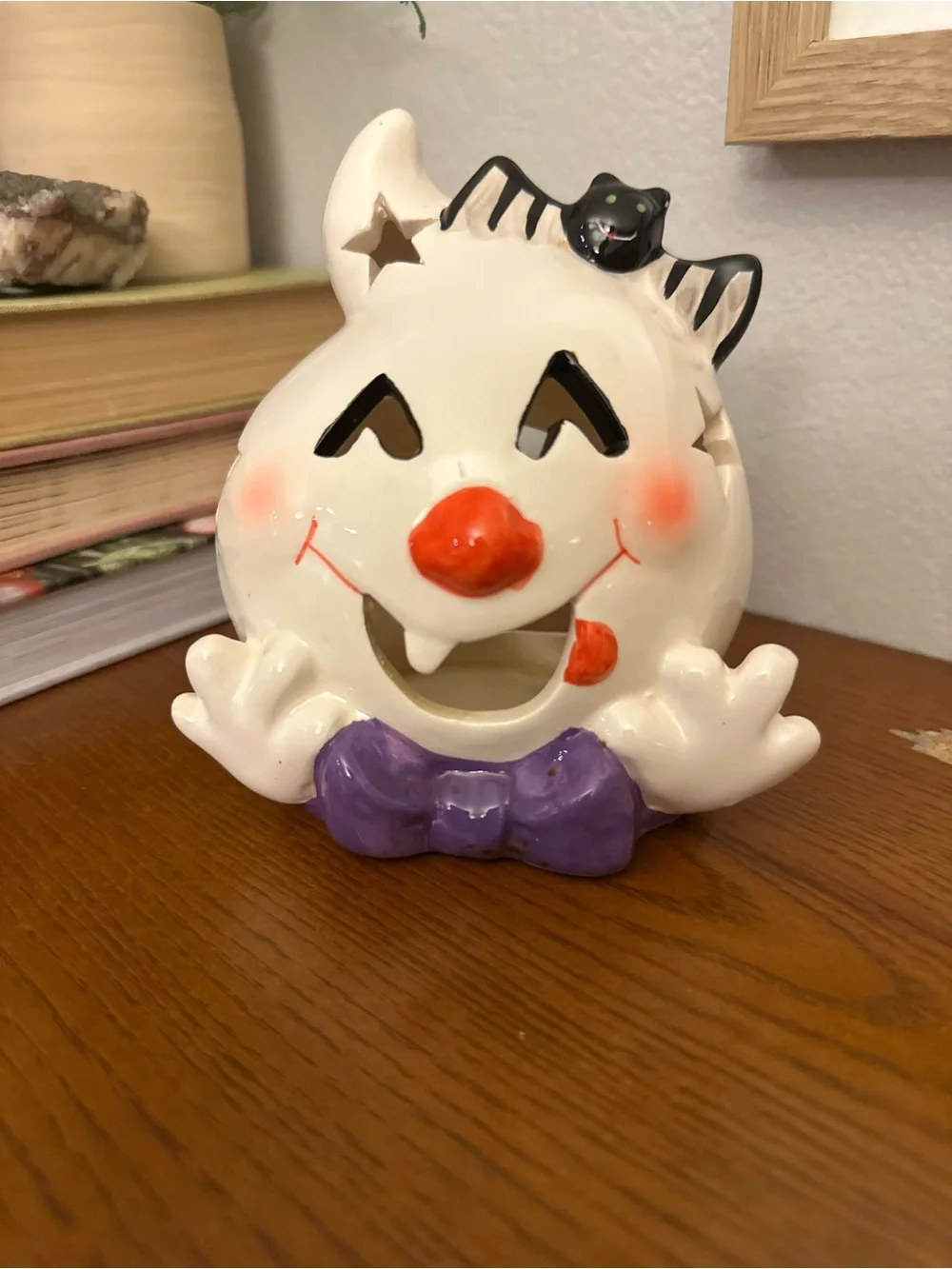 White Ceramic Halloween Ghost with Purple Bow - Decorative Accent